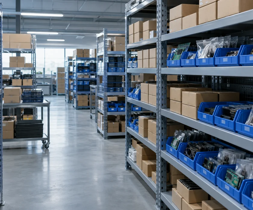 Boxed stock on warehouse shelving ready for distribution
