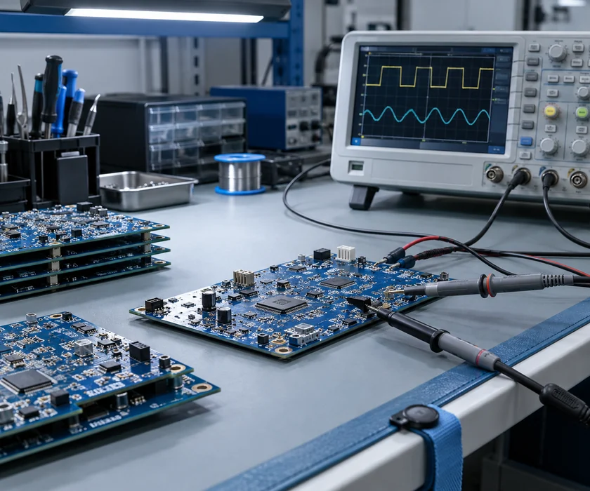 Electronic circuit boards next to a testing instrument